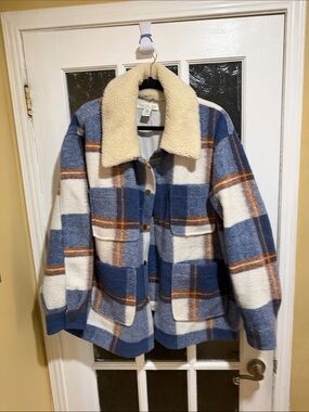 Rachel Zoe Cream Sherpa-Trim Plaid Jacket with Blue & Brown Accents